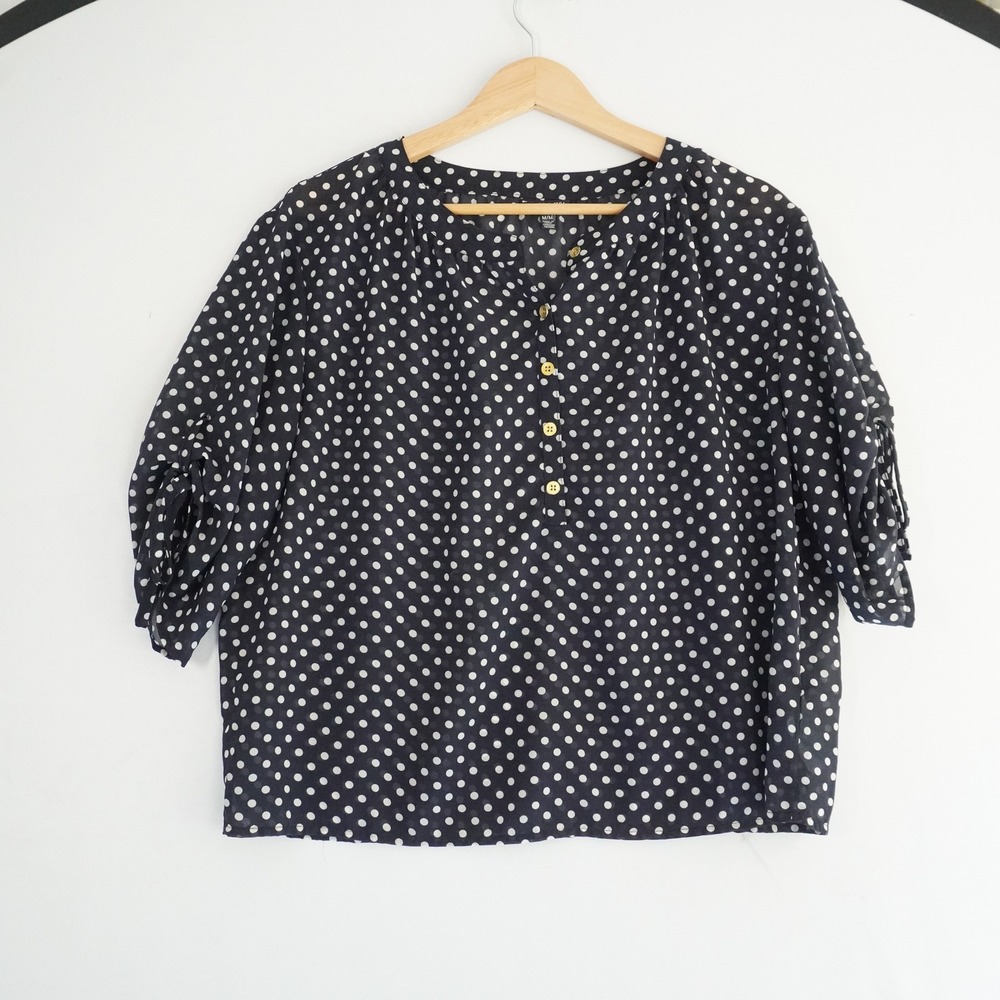 I Love H81 Polka Dot Blouse Gold Button‎ Tie Sleeve Top Career Casual M Sheer